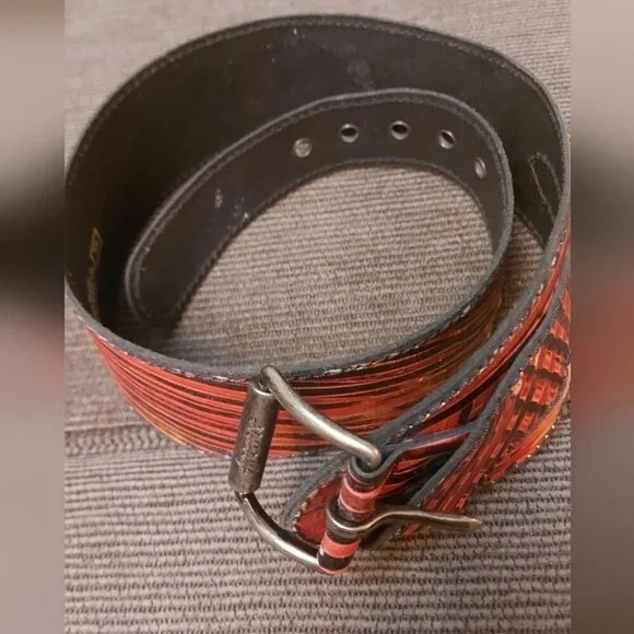 Red Black Wide Leather Waist Belt Size S 30 Vintage Statement Cincher - Picture 8 of 9